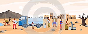 People suffer from water scarcity in drylands of Africa, flat vector illustration.