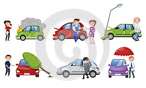 People Suffering From Different Car Accidents Vector Illustrations