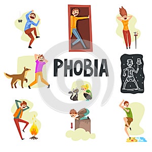 People suffering from various phobias set, arachnophobia, claustrophobia, musophobia, cynophobia, nyctophobia