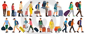 People with suitcases bags and backpacks. A crowd of people tourists. Migration of people. Vector illustration isolated set