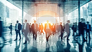 People in suits walking through a business center.