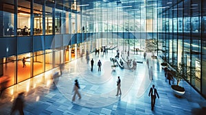 People in suits walking through a business center.