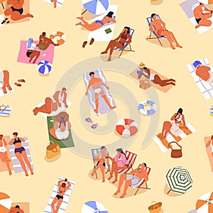 People on summer beach, seamless pattern. Tiny tourists relaxing, resting sunbathing on sand, towels, endless background