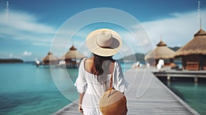 People, summer holidays and leisure concept - happy young woman in white shirt and straw hat with bag over pier and boat or