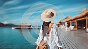 People, summer holidays and leisure concept - happy young woman in white shirt and straw hat with bag over pier and boat or