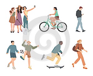 People. Summer outdoors activities. Walking, Riding bicycle, playing, skateboarding. Group of children, boys and girls