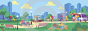 People in summer park flat vector illustration, cartoon family characters spend time in public park, eating streetfood