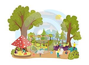 People at summer park playground, vector illustration. Cute outdoor childhood, children girl boy character play at