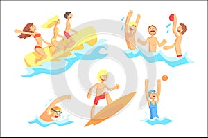 People On Summer Vacation At The Sea Playing And Having Fun With Water Sports On The Beach Series Of Illustrations