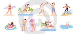 People at summer vacation, swimming, surfing and sunbathing at sea beach. Man and woman characters in swimsuits play