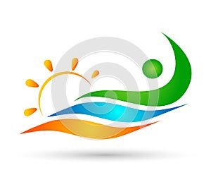 People sun sea wave water wave winning swimming logo team work celebration wellness icon vector designs on white background