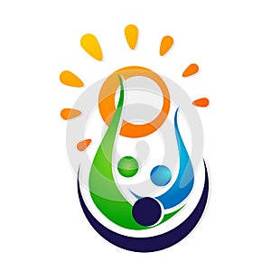 People sun water drop union team celebrating happiness wellness symbol icon element logo design on white background
