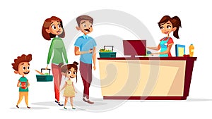 People at supermarket checkout counter vector cartoon