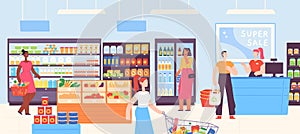 People in supermarket. Grocery shop interior with cashier and customers with carts and basket buying food. Cartoon mall