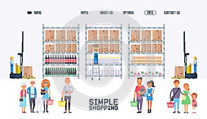 People in supermarket, grocery store website design, shop customers cartoon characters, vector illustration