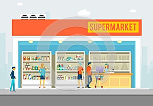 People in supermarket. Shop interior for marketing banners vector illustration