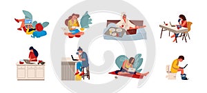 People surfing internet. Flat persons sitting on couch and holding smartphone or working with laptop. Vector