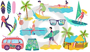 People surfing on summer vacation, set of stickers, vector illustration