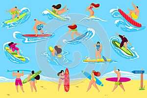 People surfing vector illustration set, cartoon flat man woman active surfer character surfing, riding wave, stand or