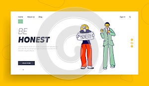 People Swear and Tell Truth Landing Page Template. Man Gesturing Hold Palm on Chest and Woman Performing Banner