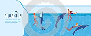 People swim with dolphins vector illustration, cartoon flat swimmer characters playing and swimming with aquatic dolphin