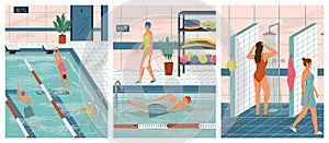People swim in public swimming pool concept vector illustration set. Sport swimming pool interior. Man and woman