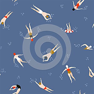 People swimming pattern. Summer seamless background. Summertime vector illustration with swimmers.