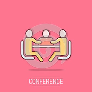 People with table icon in comic style. Teamwork conference cartoon vector illustration on isolated background. Speaker dialog