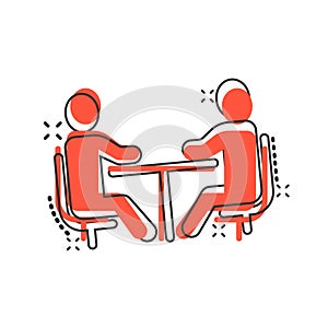 People with table icon in comic style. Teamwork conference cartoon vector illustration on white isolated background. Speaker