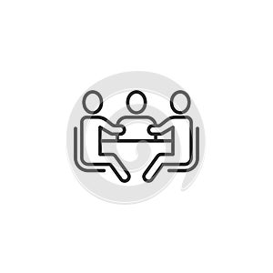 People with table icon in flat style. Teamwork conference vector illustration on white isolated background. Speaker dialog photo