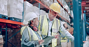 People, tablet and supply chain in logistics at warehouse for storage, inspection or inventory management. Man and woman