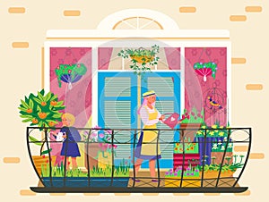 People take care plants on balcony, tiny potted garden, home gardening, healthy lifestyle, cartoon style vector