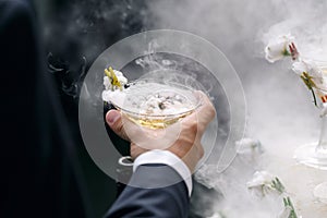 People take the glasses of champagne pyramid. close-up