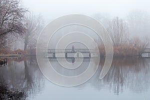 People take a stroll in the forest in misty foggy weather, walking on a wooden bridge over a pond