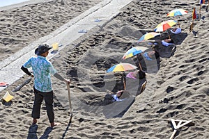 People taking a bath of hot sand in Kagoshima beach