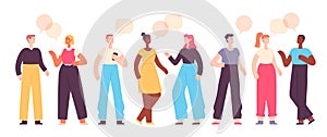 People talk. Friends chat, ask and answer. Group of characters communicate with speech bubbles. Flat man and woman photo