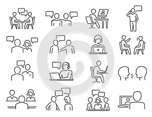 People talk, negotiation, speech thin line icons set isolated on white. Discussion, meeting, chat.