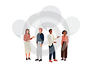 People talk vector background. Young man and woman stand together and communicate. Speech bubble over characters. Design