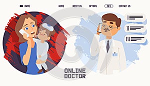 People talking, mom consult online doctor vector illustration. Worried woman hold child with fever and tell symptom