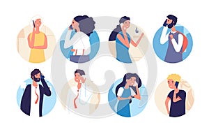 People talking phone. Person, family calling by telephone. Communication and conversation with smartphone vector cartoon