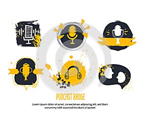 People talking Podcast concept in grunge style. Live music. Karaoke icon. Speaker symbol.