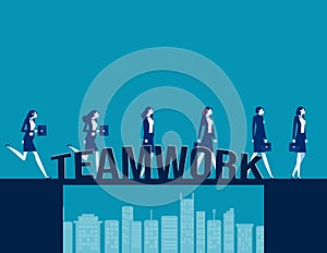 People team crossing over a teamwork bridge. Company teamworks