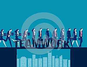 People team crossing over a teamwork bridge. Company teamworks