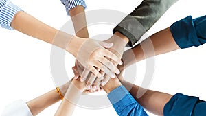 People in team harmonious hand meeting isolate photo