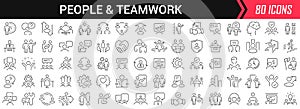 People and teamwork linear icons in black. Big UI icons collection in a flat design. Thin outline signs pack. Big set of icons for