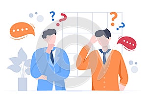 People Thinking to Make Decision, Problem Solving and Find Creative Ideas with Question Mark in Flat Illustration for Poster