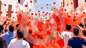 People throwing tomatoes at the tomatina festival in bunol, spain photo