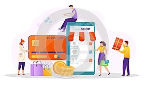 People tiny character use mobile phone application for online shopping, internet web store flat vector illustration