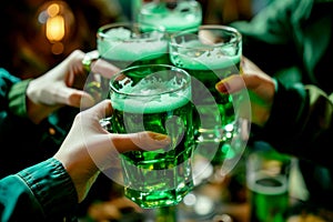 people toasting Green St. Patrick & x27;s Day craft lager beer. AI generated