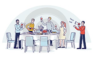 People toasting standing around holiday dinner table. Cartoon friends or colleagues celebrate